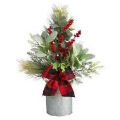 20" Holiday Winter Greenery, Pinecone & Berries With Bow Arrangement