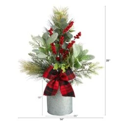 20" Holiday Winter Greenery, Pinecone & Berries With Bow Arrangement -Northlight Shop D479078S 2