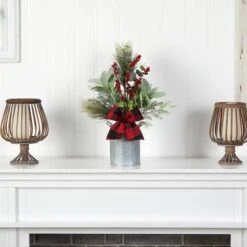 20" Holiday Winter Greenery, Pinecone & Berries With Bow Arrangement -Northlight Shop D479078S 3