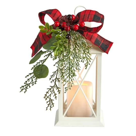 12" White Lantern With Berries, Pine & Plaid Bow Artificial Christmas Table Arrangement With LED Candle 4 12" White Lantern With Berries, Pine & Plaid Bow Artificial Christmas Table Arrangement With LED Candle - Image 2