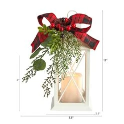 12" White Lantern With Berries, Pine & Plaid Bow Artificial Christmas Table Arrangement With LED Candle 10 12" White Lantern With Berries, Pine & Plaid Bow Artificial Christmas Table Arrangement With LED Candle -Northlight Shop D479079S 2