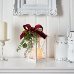 12" White Lantern With Berries, Pine & Plaid Bow Artificial Christmas Table Arrangement With LED Candle 9 12" White Lantern With Berries, Pine & Plaid Bow Artificial Christmas Table Arrangement With LED Candle -Northlight Shop D479079S 3