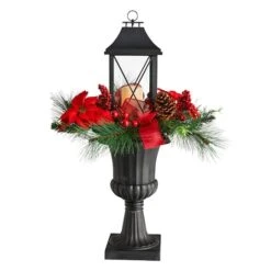 33" Christmas Berries & Poinsettia With Large Lantern & LED Candle In Decorative Urn