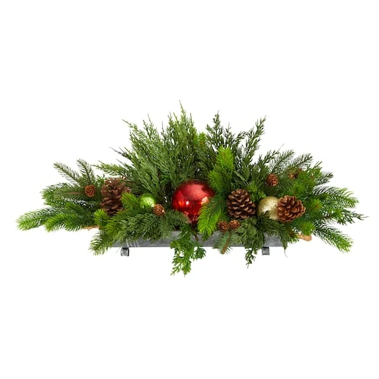 24" Cedar Pine, Pinecones & Ornaments Artificial Christmas Arrangement In Tin Vase 4 24" Cedar Pine, Pinecones & Ornaments Artificial Christmas Arrangement In Tin Vase - Image 2