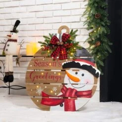 Glitzhome® 30" Lighted Round Wooden Snowman Porch Décor With Timer -Northlight Shop D479470S 2
