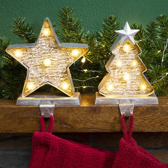 Glitzhome® 8" Marquee LED Christmas Tree & Star Wooden & Metal Stocking Holder Set 5 Glitzhome® 8" Marquee LED Christmas Tree & Star Wooden & Metal Stocking Holder Set - Image 3