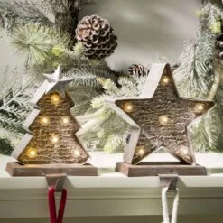 Glitzhome® 8" Marquee LED Christmas Tree & Star Wooden & Metal Stocking Holder Set 13 Glitzhome® 8" Marquee LED Christmas Tree & Star Wooden & Metal Stocking Holder Set -Northlight Shop D479484S 3