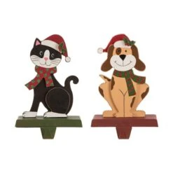 Glitzhome® 8" Wooden & Metal Cat & Dog Stocking Holder Set