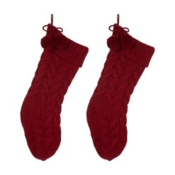 Glitzhome® 24" Red Knitted Polyester Christmas Stocking With Pom Pom, 2ct. -Northlight Shop D479603S 1 1