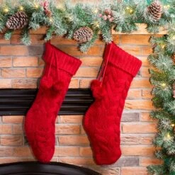 Glitzhome® 24" Red Knitted Polyester Christmas Stocking With Pom Pom, 2ct. -Northlight Shop D479603S 2