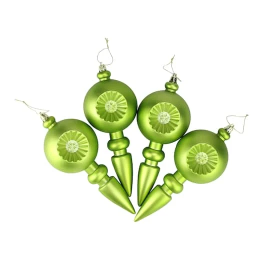 4ct. 7.5" Matte Green Kiwi Retro Reflector Shatterproof Christmas Finial Ornaments 5 4ct. 7.5" Matte Green Kiwi Retro Reflector Shatterproof Christmas Finial Ornaments - Image 3