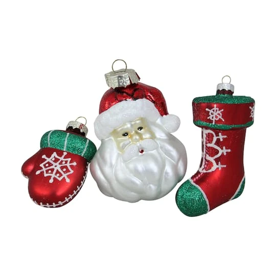 Northlight 4.25" Red & Green Santa Glass Christmas Ornament Set 3 Northlight 4.25" Red & Green Santa Glass Christmas Ornament Set
