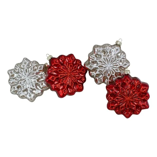 Northlight 4ct. Red & Silver Glass Snowflake Hanging Christmas Decorations 3 Northlight 4ct. Red & Silver Glass Snowflake Hanging Christmas Decorations
