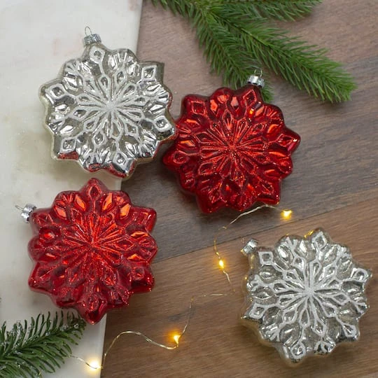 Northlight 4ct. Red & Silver Glass Snowflake Hanging Christmas Decorations 5 Northlight 4ct. Red & Silver Glass Snowflake Hanging Christmas Decorations - Image 3