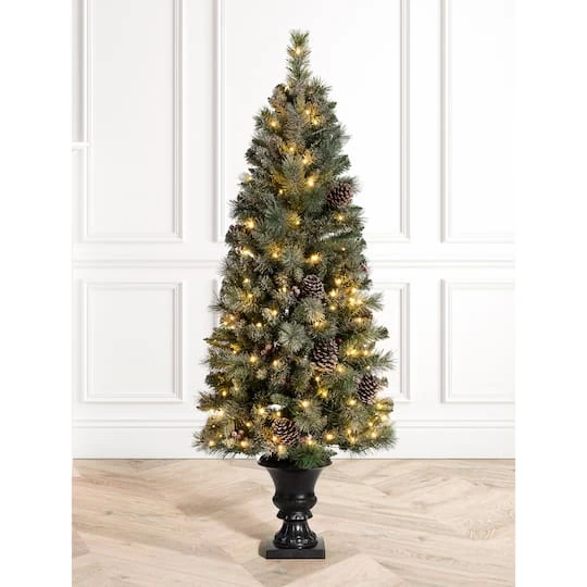 5ft. Pre-Lit Flocked Pine Artificial Christmas Tree In Black Urn, Warm White Lights 6 5ft. Pre-Lit Flocked Pine Artificial Christmas Tree In Black Urn, Warm White Lights - Image 4
