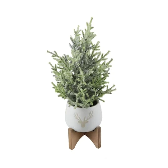 16" Unlit Frosted Artificial Christmas Tree In Staghead Ceramic Pot On Wood Stand 3 16" Unlit Frosted Artificial Christmas Tree In Staghead Ceramic Pot On Wood Stand