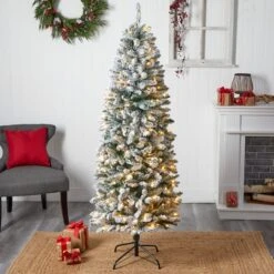 6ft. Pre-Lit Slim Flocked Montreal Fir Artificial Christmas Tree -Northlight Shop D517952S 9