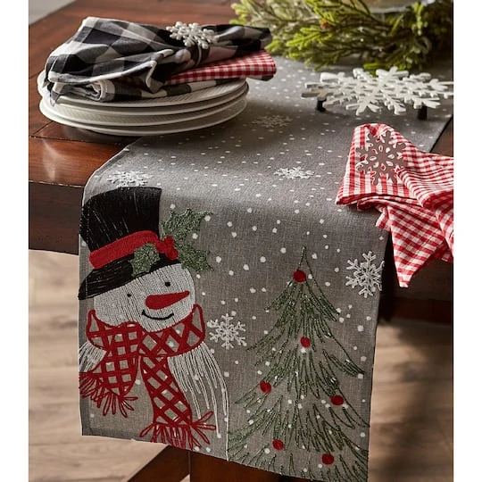 DII® 70" Grey Snowman Embroidered Table Runner 8 DII® 70" Grey Snowman Embroidered Table Runner - Image 6