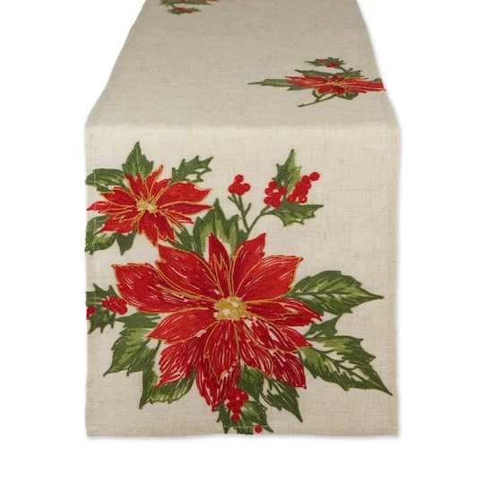 DII® 70" Cream Poinsettia Holly Embroidered Table Runner 4 DII® 70" Cream Poinsettia Holly Embroidered Table Runner - Image 2