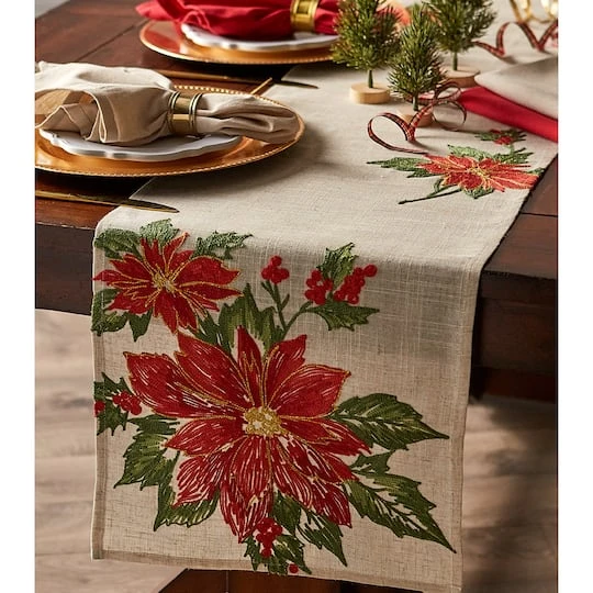 DII® 70" Cream Poinsettia Holly Embroidered Table Runner 6 DII® 70" Cream Poinsettia Holly Embroidered Table Runner - Image 4