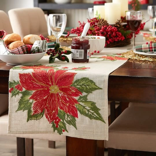 DII® 70" Cream Poinsettia Holly Embroidered Table Runner 8 DII® 70" Cream Poinsettia Holly Embroidered Table Runner - Image 6
