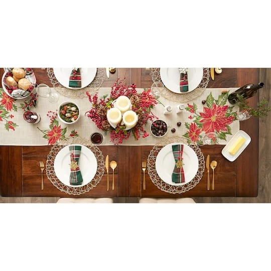 DII® 70" Cream Poinsettia Holly Embroidered Table Runner 10 DII® 70" Cream Poinsettia Holly Embroidered Table Runner - Image 8