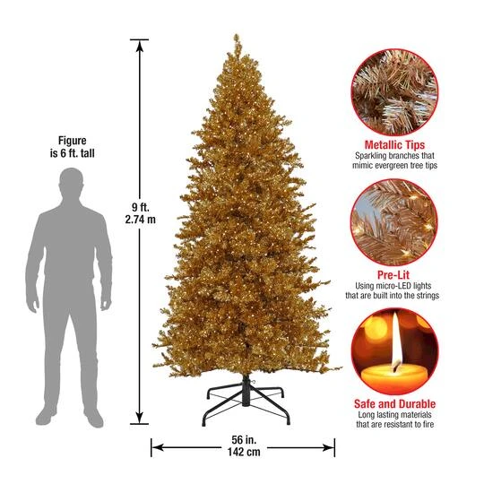 9ft. Pre-Lit True Gold Metallic Artificial Christmas Tree, White LED Lights 9 9ft. Pre-Lit True Gold Metallic Artificial Christmas Tree, White LED Lights - Image 7