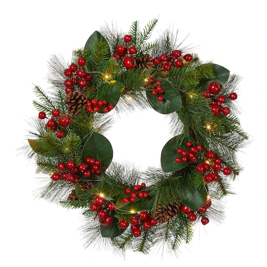 Glitzhome® 24" Pre-Lit Berry, Magnolia Leaf & Pinecone Wreath 4 Glitzhome® 24" Pre-Lit Berry, Magnolia Leaf & Pinecone Wreath - Image 2