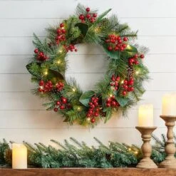 Glitzhome® 24" Pre-Lit Berry, Magnolia Leaf & Pinecone Wreath 18 Glitzhome® 24" Pre-Lit Berry, Magnolia Leaf & Pinecone Wreath -Northlight Shop D652251S 2