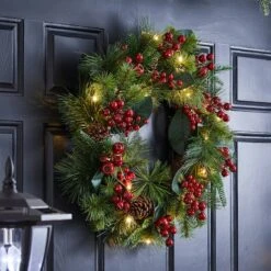 Glitzhome® 24" Pre-Lit Berry, Magnolia Leaf & Pinecone Wreath 14 Glitzhome® 24" Pre-Lit Berry, Magnolia Leaf & Pinecone Wreath -Northlight Shop D652251S 4