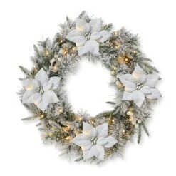 Glitzhome® 24" Pre-Lit Snow Flocked Greenery Pine Poinsettia Christmas Wreath -Northlight Shop D652255S 1 1