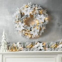 Glitzhome® 24" Pre-Lit Snow Flocked Greenery Pine Poinsettia Christmas Wreath -Northlight Shop D652255S 2