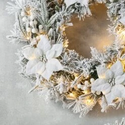 Glitzhome® 24" Pre-Lit Snow Flocked Greenery Pine Poinsettia Christmas Wreath -Northlight Shop D652255S 4