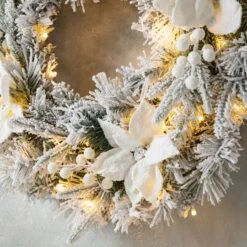 Glitzhome® 24" Pre-Lit Snow Flocked Greenery Pine Poinsettia Christmas Wreath -Northlight Shop D652255S 5
