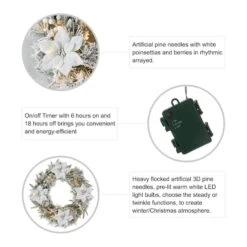 Glitzhome® 24" Pre-Lit Snow Flocked Greenery Pine Poinsettia Christmas Wreath -Northlight Shop D652255S 6