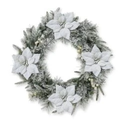 Glitzhome® 24" Pre-Lit Snow Flocked Greenery Pine Poinsettia Christmas Wreath -Northlight Shop D652255S 7