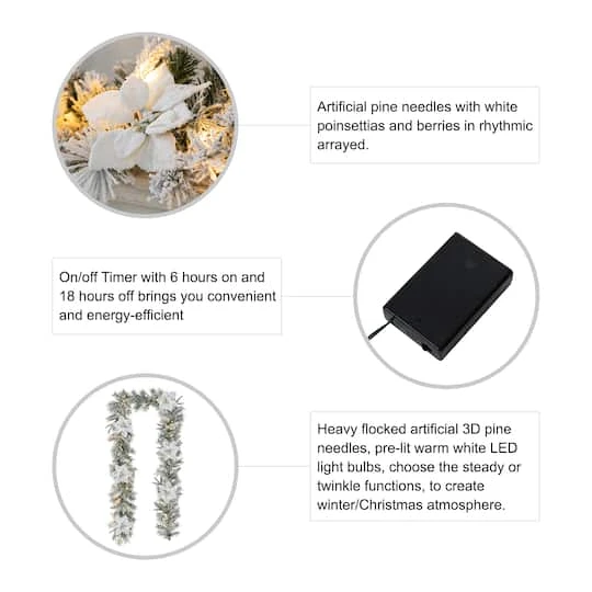 Glitzhome® 9ft. Pre-Lit Snow Flocked Greenery Pine Poinsettia Christmas Garland 8 Glitzhome® 9ft. Pre-Lit Snow Flocked Greenery Pine Poinsettia Christmas Garland - Image 6