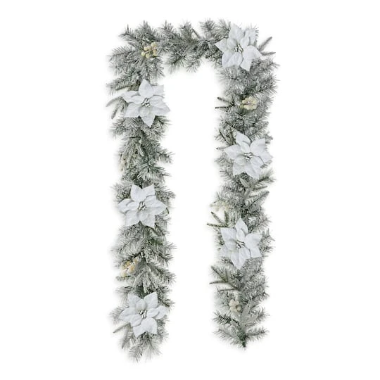 Glitzhome® 9ft. Pre-Lit Snow Flocked Greenery Pine Poinsettia Christmas Garland 9 Glitzhome® 9ft. Pre-Lit Snow Flocked Greenery Pine Poinsettia Christmas Garland - Image 7