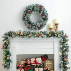 Glitzhome® 9ft. Pre-Lit Greenery Pinecones & Red Berries Christmas Garland -Northlight Shop D652260S 2