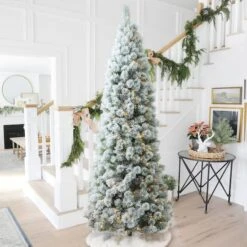 9ft. Pre-Lit Flocked Pine Pencil Artificial Christmas Tree, Warm White LED Lights -Northlight Shop D652265S 2