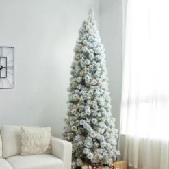 9ft. Pre-Lit Flocked Pine Pencil Artificial Christmas Tree, Warm White LED Lights -Northlight Shop D652265S 3
