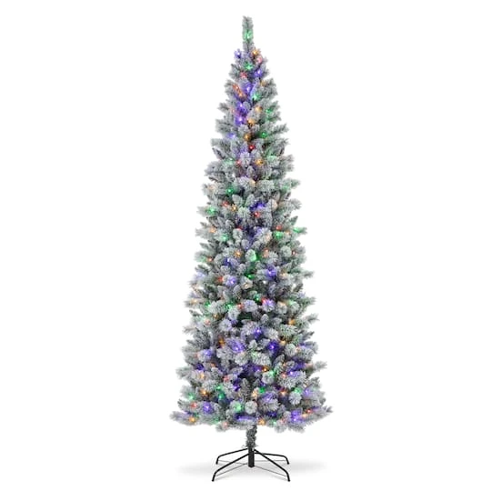 9ft. Pre-Lit Flocked Pine Pencil Artificial Christmas Tree, Multicolor LED Lights 3 9ft. Pre-Lit Flocked Pine Pencil Artificial Christmas Tree, Multicolor LED Lights