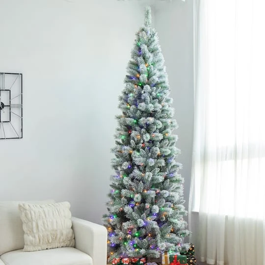 9ft. Pre-Lit Flocked Pine Pencil Artificial Christmas Tree, Multicolor LED Lights 6 9ft. Pre-Lit Flocked Pine Pencil Artificial Christmas Tree, Multicolor LED Lights - Image 4