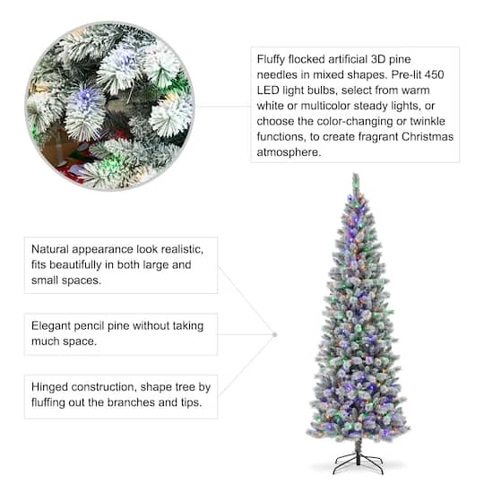 9ft. Pre-Lit Flocked Pine Pencil Artificial Christmas Tree, Multicolor LED Lights 10 9ft. Pre-Lit Flocked Pine Pencil Artificial Christmas Tree, Multicolor LED Lights - Image 8