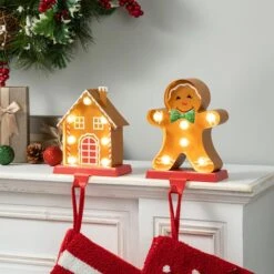 Glitzhome® Marquee LED Gingerbread House & Gingerbread Man Christmas Stocking Holder Set -Northlight Shop D652344S 2