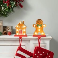 Glitzhome® Marquee LED Gingerbread House & Gingerbread Man Christmas Stocking Holder Set -Northlight Shop D652344S 3