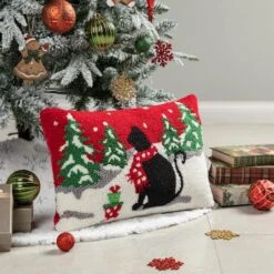 Glitzhome® Hooked Christmas Cat Pillow 12 Glitzhome® Hooked Christmas Cat Pillow -Northlight Shop D652355S 2