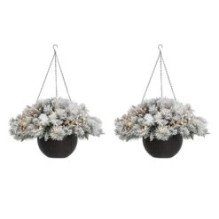 Glitzhome® 24'' Pre-Lit Snow Flocked Christmas Artificial Pine Poinsettia Hanging Baskets, 2ct.