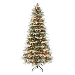 6.5ft. Pre-Lit Flocked Slim Halifax Fir Artificial Christmas Tree With Red Berries & Pinecones, Clear Lights