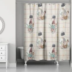 Cream And Red Check Gnome Globe Pattern Shower Curtain -Northlight Shop D662558S 2